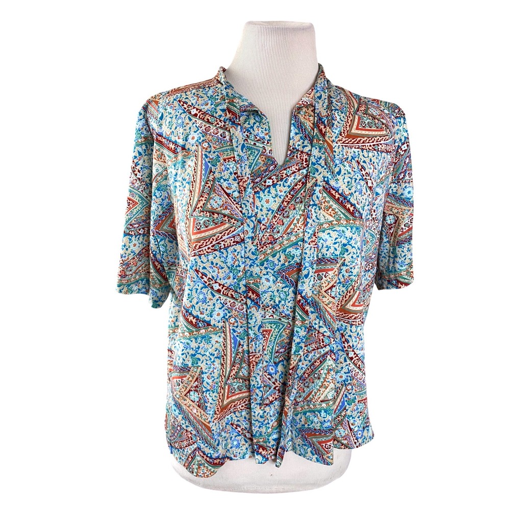 Vtg 60's Paisley Geometric Print Blouse Short Sleeve XL Boho Top Multicolor